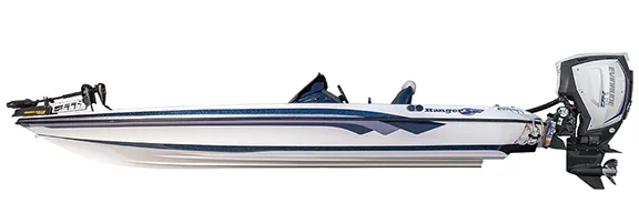 Bateau de pêche équipé d'un moteur hors-bord Evinrude, vu de profil